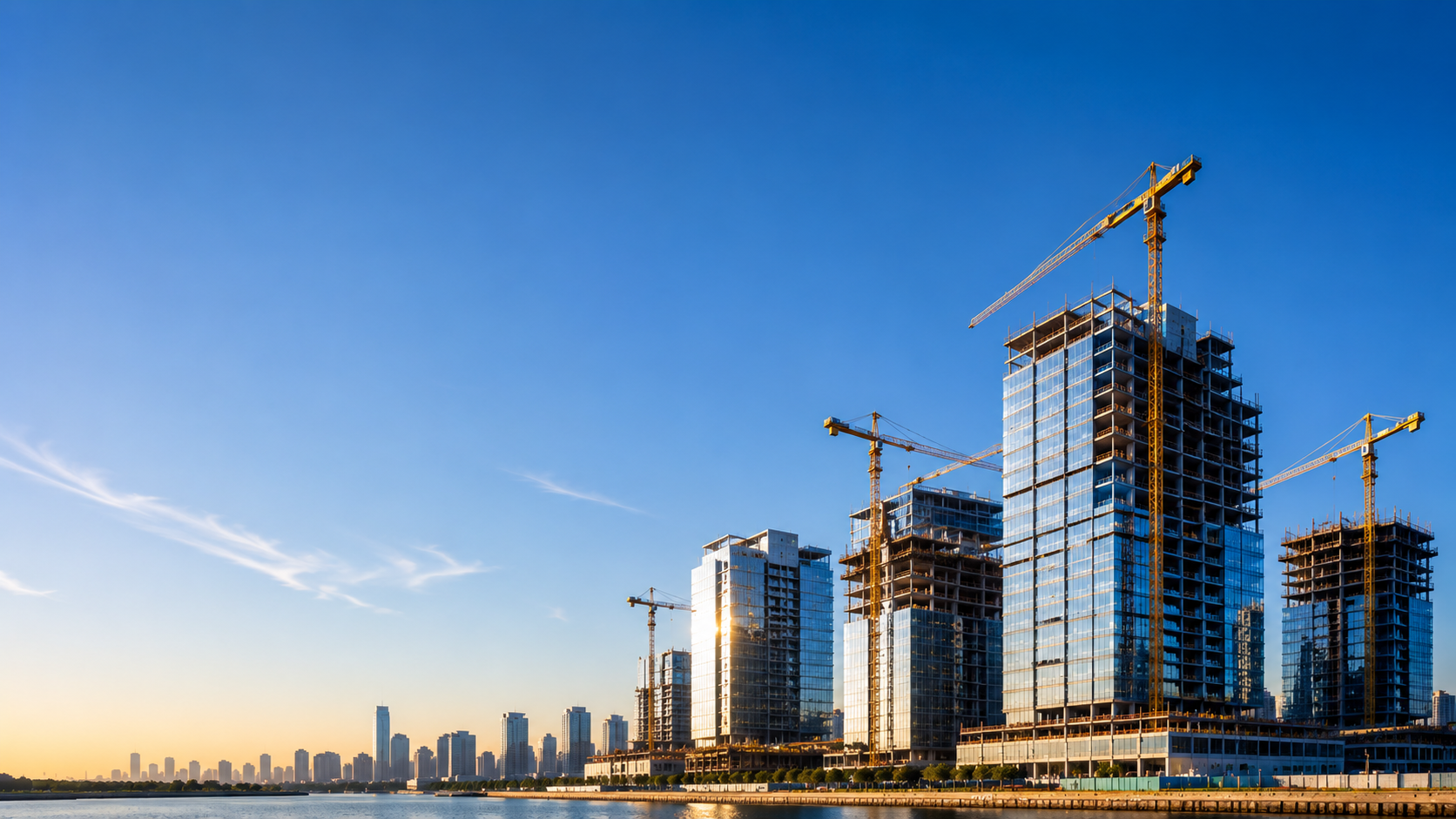 Steel-and-glass high-rise towers under construction with tower cranes at sunrise