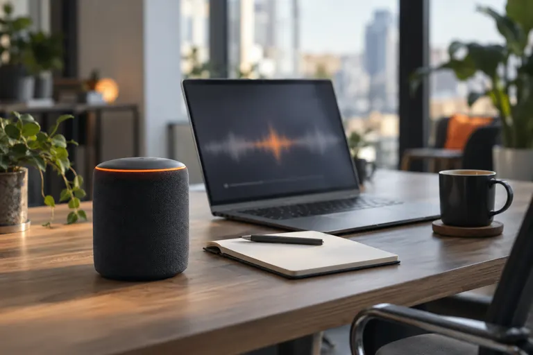 A voice assistant device with an orange light ring beside a laptop showing an audio waveform