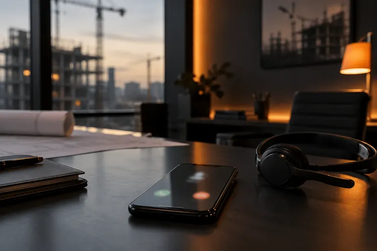 A smartphone showing an incoming call next to a headset on a desk