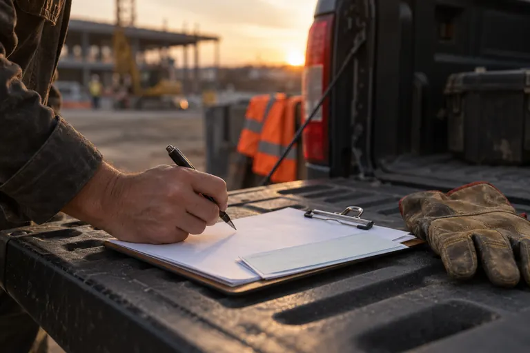 A contractor's hand signing paperwork on a clipboard on a pickup tailgate at a job site