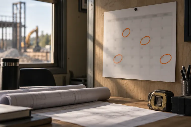 A wall calendar with dates circled in orange above rolled plans in a site office