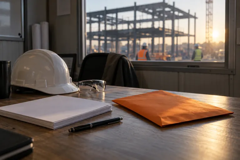 A hard hat, safety glasses, blank forms and an orange envelope on a site-office desk, with a steel frame going up outside the window