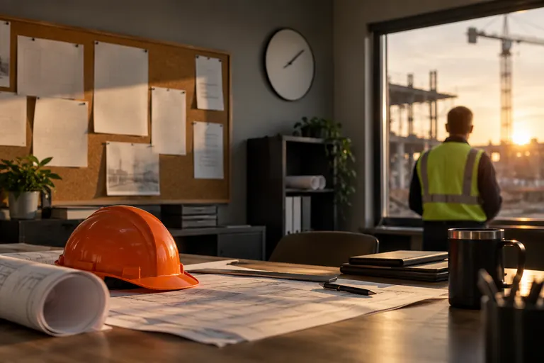 A site office corkboard with blank pay application forms, a wall clock and an orange hard hat on the plan table