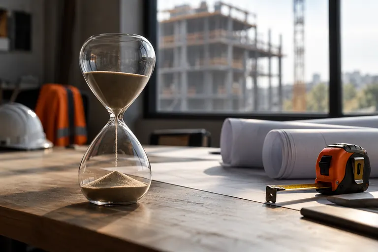 An hourglass on a plan table in a site office, beside rolled drawings and an orange tape measure