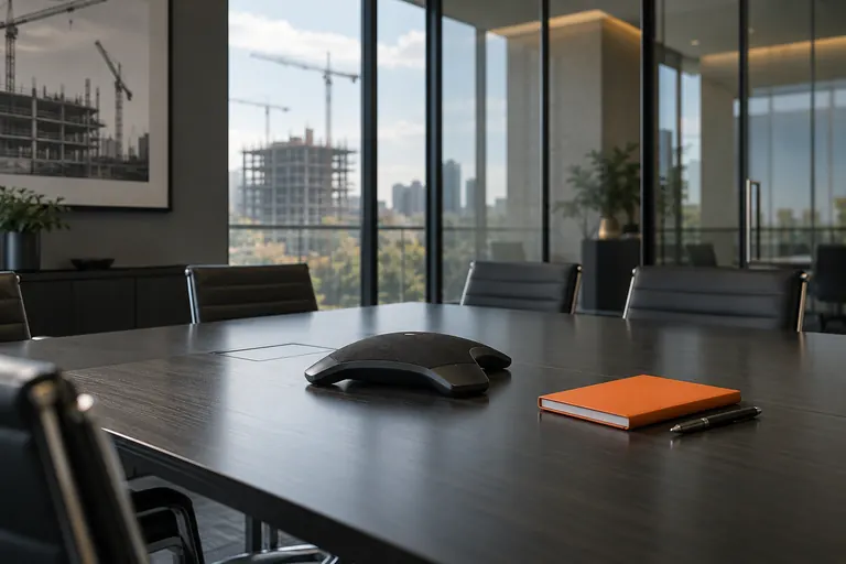 A conference speakerphone on an empty meeting room table beside an orange notebook