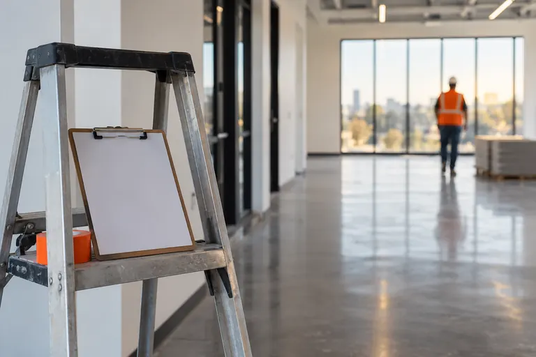 A nearly finished commercial interior at closeout, with a punch-list clipboard on a stepladder