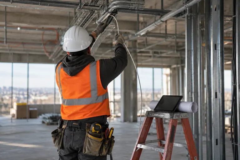 An electrician in an orange vest pulling wire through conduit in an unfinished building