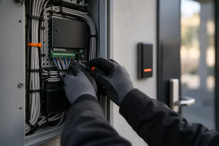 Gloved hands terminating low-voltage cables inside an open access-control panel