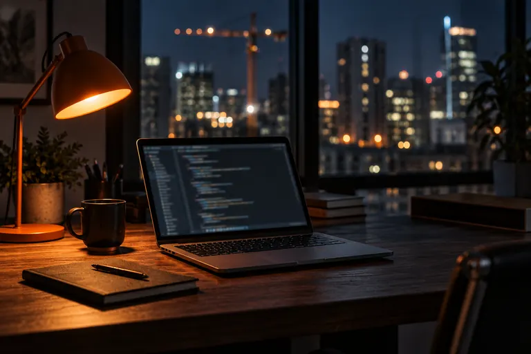 A laptop showing code under an orange desk lamp at night, with city lights outside