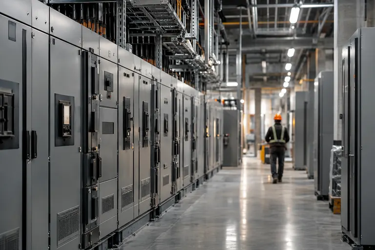 Rows of electrical switchgear in a data center under construction, with an electrician in the distance