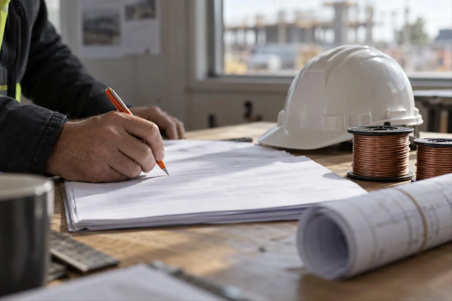 An electrician's hand marking up a printed subcontract with an orange pen on a site office table, beside a hard hat and wire spools