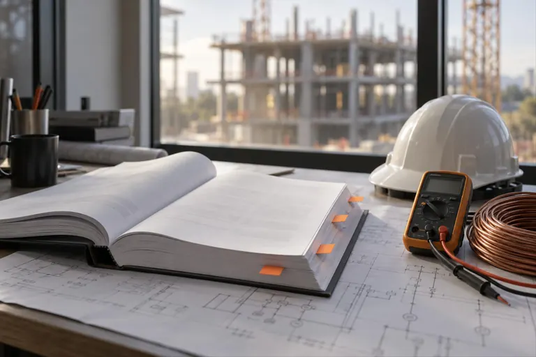 A thick printed subcontract with orange tabs, open on an electrical single-line drawing beside a multimeter, copper wire and a white hard hat in a site office