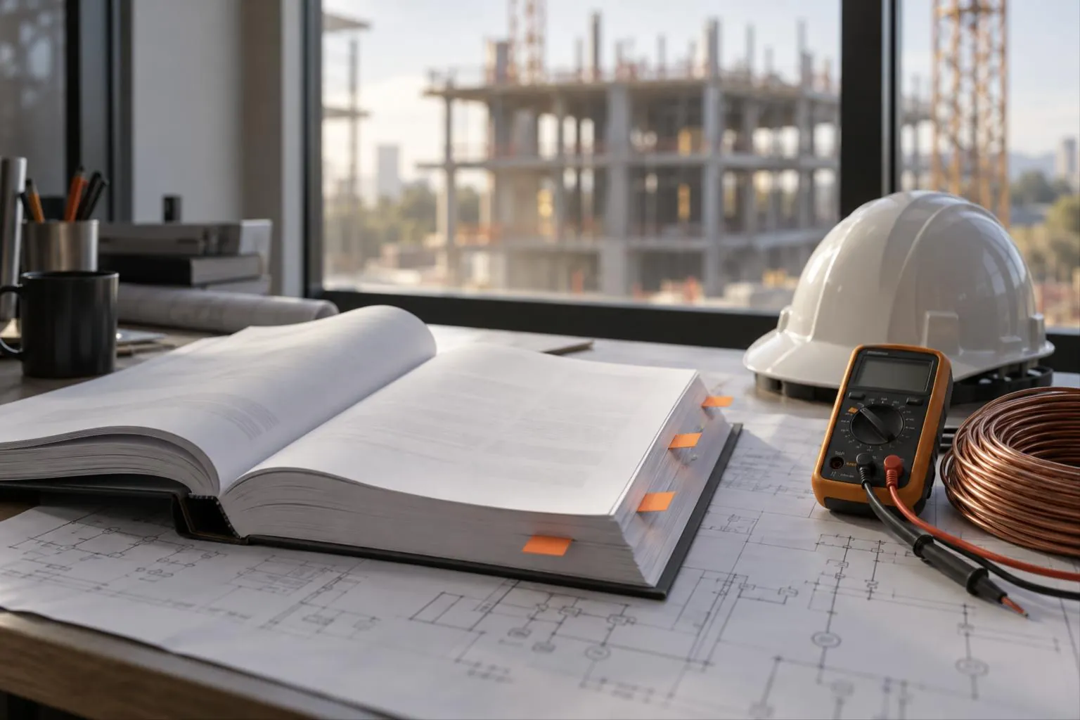 A thick printed subcontract with orange tabs, open on an electrical single-line drawing beside a multimeter, copper wire and a white hard hat in a site office