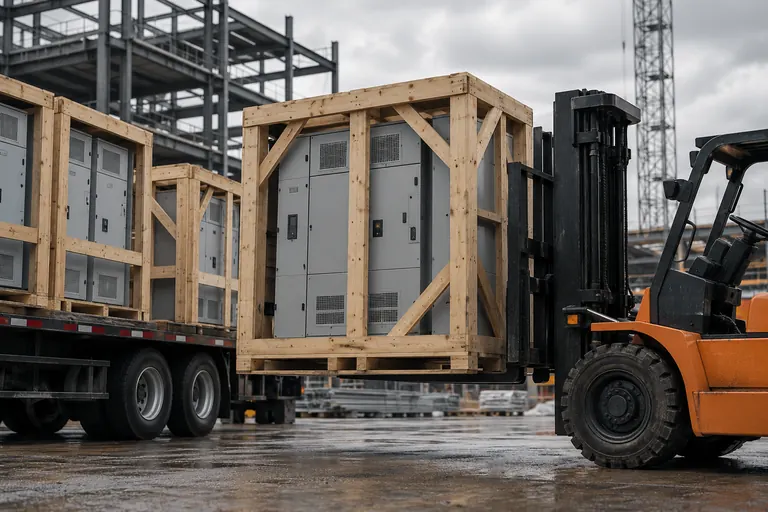 Crated electrical switchgear being unloaded by a forklift at a construction site