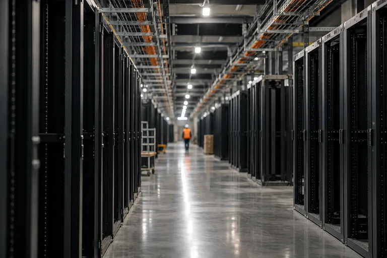 A data center aisle under construction, with empty server racks and overhead cable trays