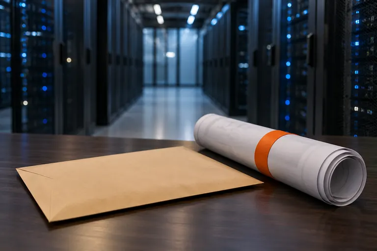 A sealed envelope and rolled drawings with an orange band, in front of a data center aisle
