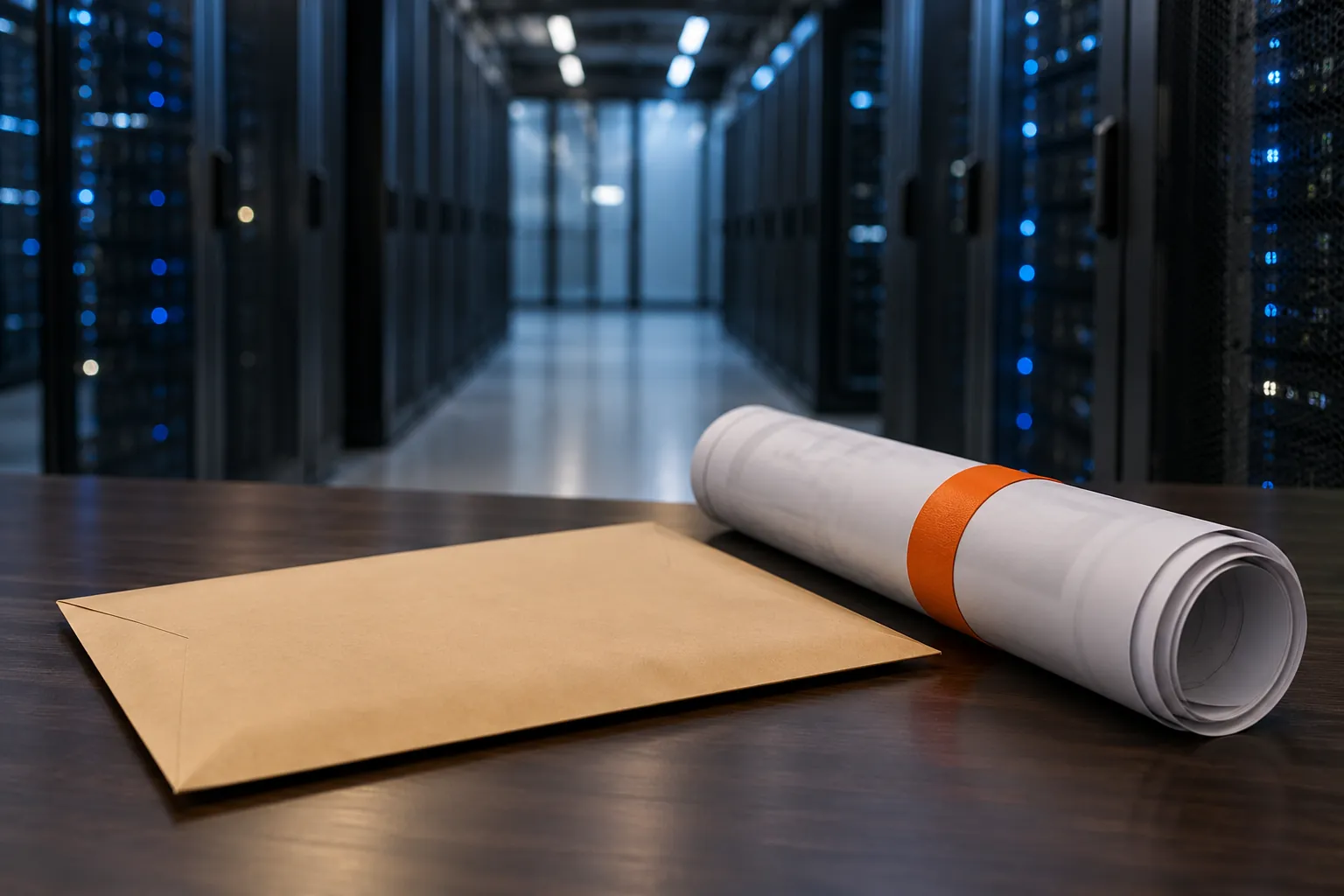 A sealed envelope and rolled drawings with an orange band, in front of a data center aisle