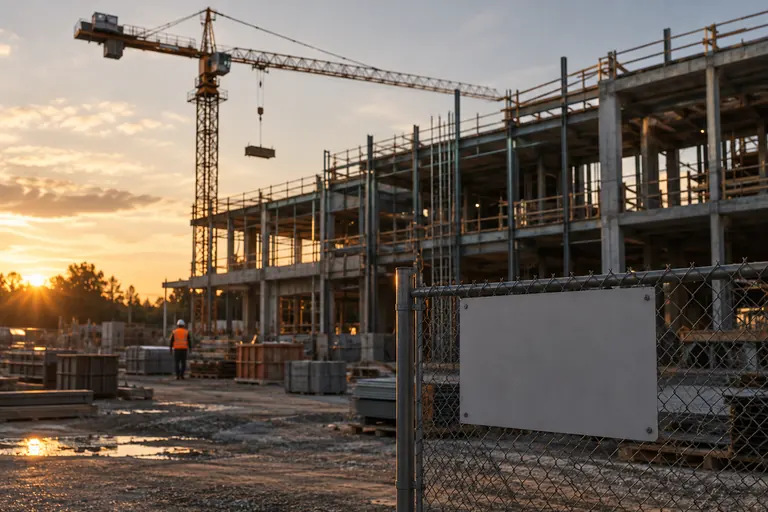 A public building under construction, with a tower crane above the concrete frame