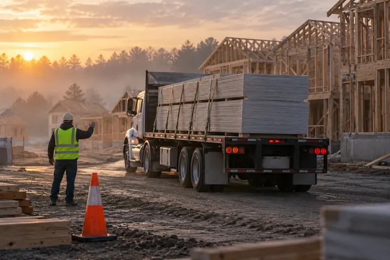 A flatbed truck loaded with drywall arriving at a residential construction site at dawn