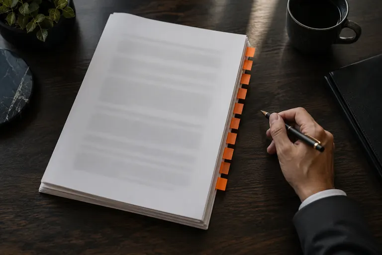 A printed subcontract on a desk with orange tabs marking several pages, and a hand holding a pen