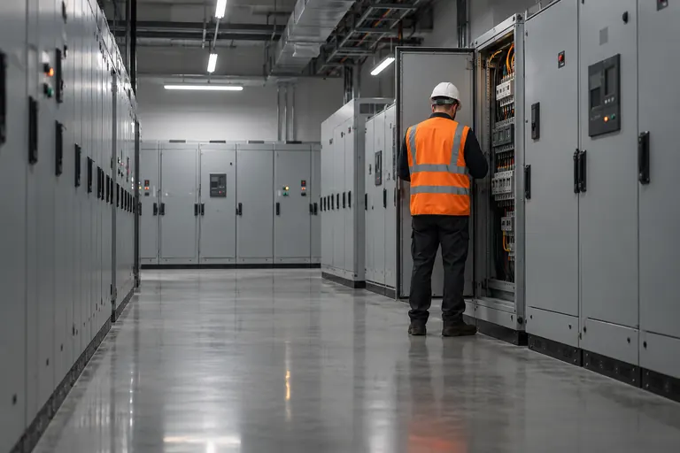A worker in an orange vest inspecting electrical switchgear in a new building
