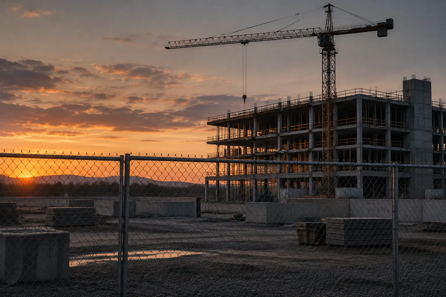 A half-built building and an idle tower crane behind a site fence at sunset