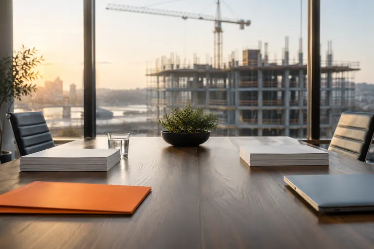 A conference table with two stacks of documents and an orange folder, overlooking a construction site