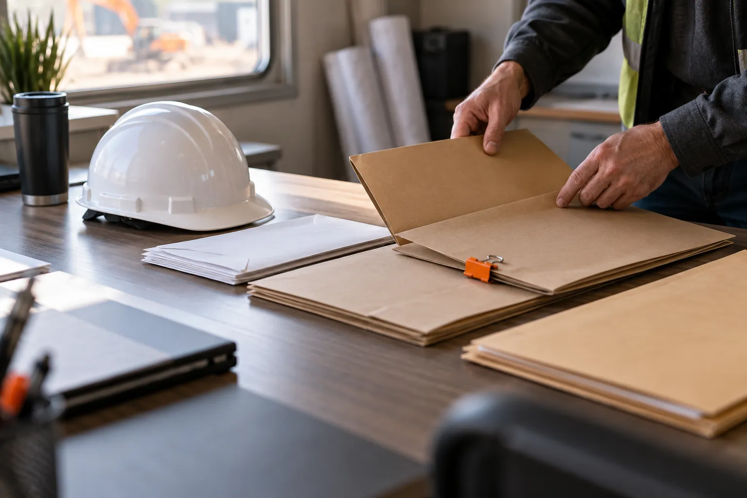 Sealed bid folders on a site trailer table beside a hard hat, one held with an orange clip