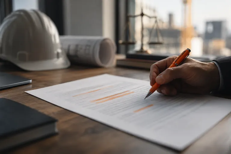 A hand marking a few passages of a printed contract with an orange pen