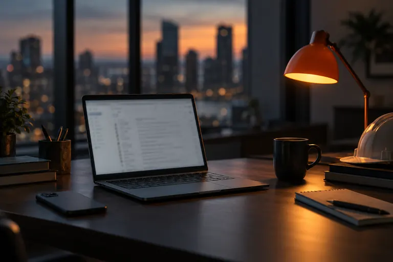 A laptop with an email inbox and a phone on an office desk at dusk, lit by an orange lamp